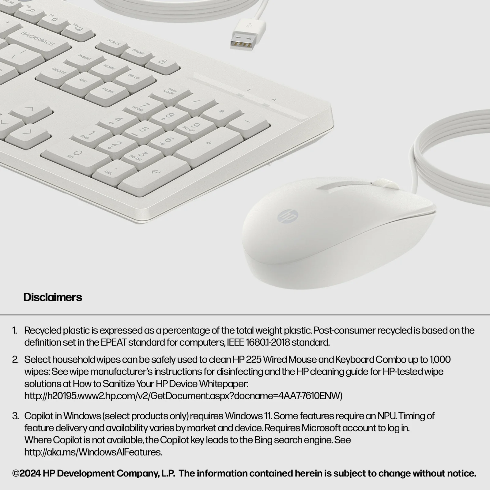 HP 225 Wired Mouse and Combo G2 Cashmere White Keyboard