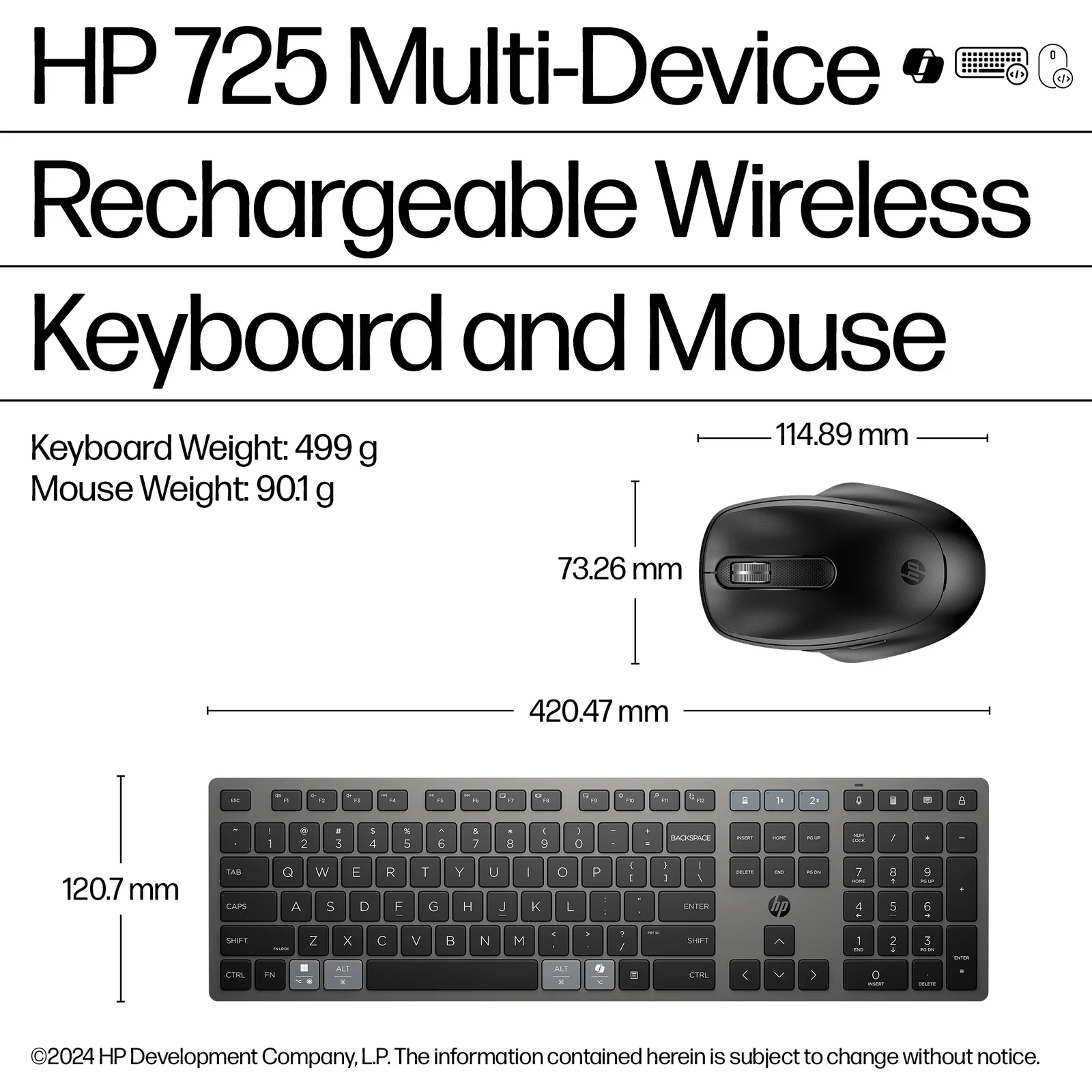 HP 725 Multi-Device Rechargeable Wireless and Mouse Combo Keyboard