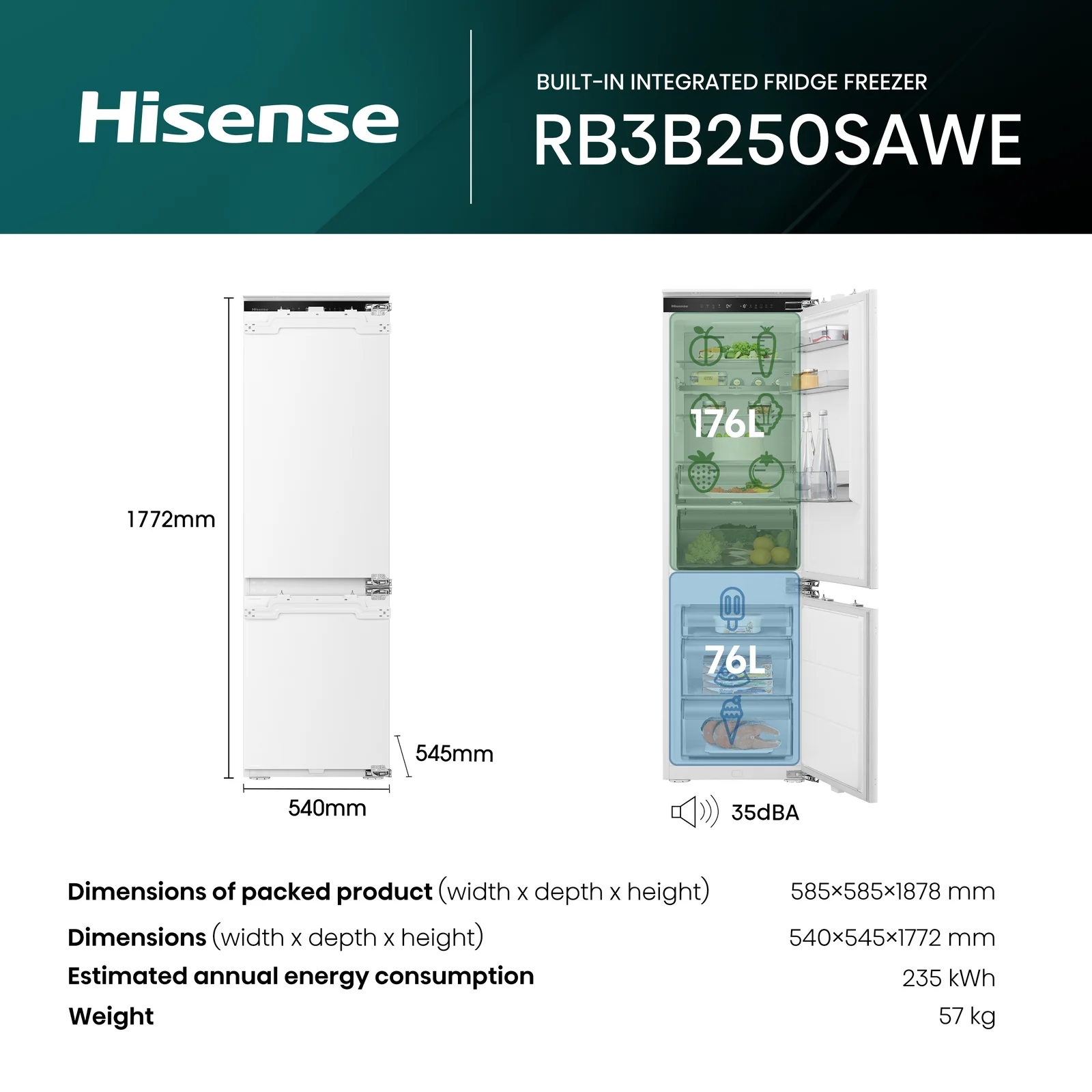 Hisense RB3B250SAWE1 252L Integrated Fridge Freezer