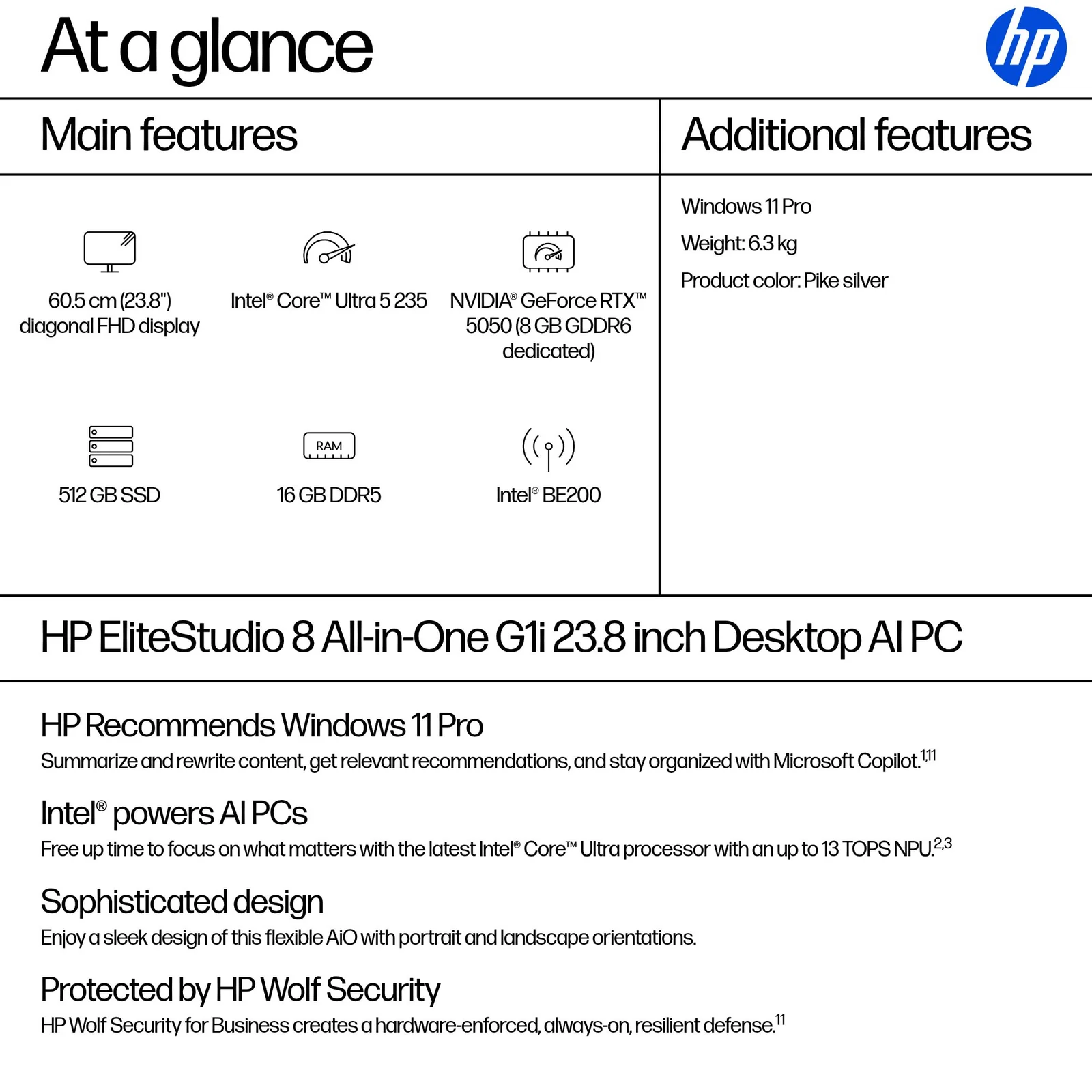 HP EliteStudio 8 G1i AI 23.8" All-in-One, Intel Core Ultra 5 235, 16GB RAM, 512GB SSD