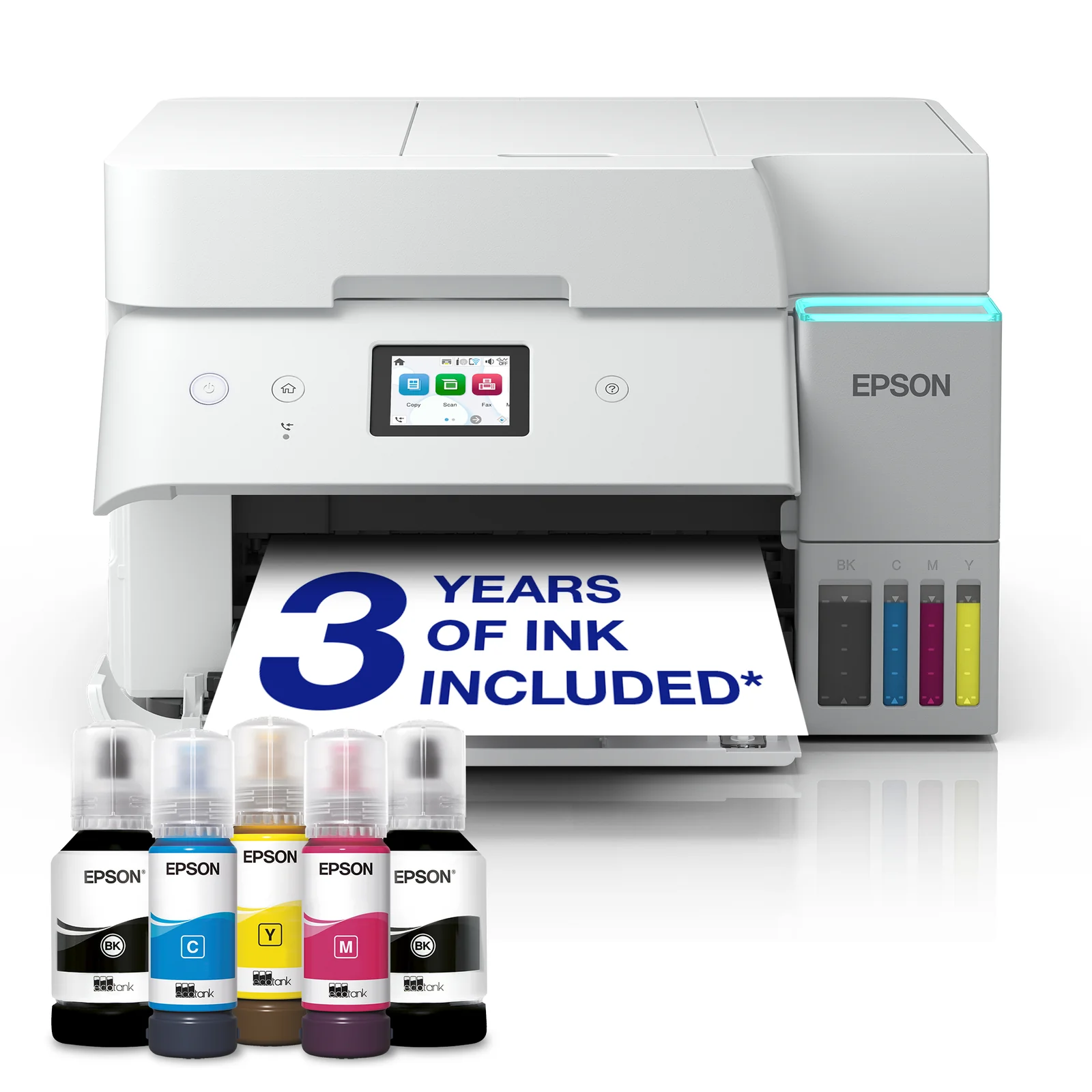 Epson EcoTank ET-4956 - Multifunction printer - colour - ink-jet - ITS - A4 (210 x 297 mm) (original) - A4/Letter (media) - up to 12 ppm (copying) - up to 18 ppm (printing) - 250 sheets - 33.6 Kbps - Wi-Fi(ac), USB, LAN - white Printer