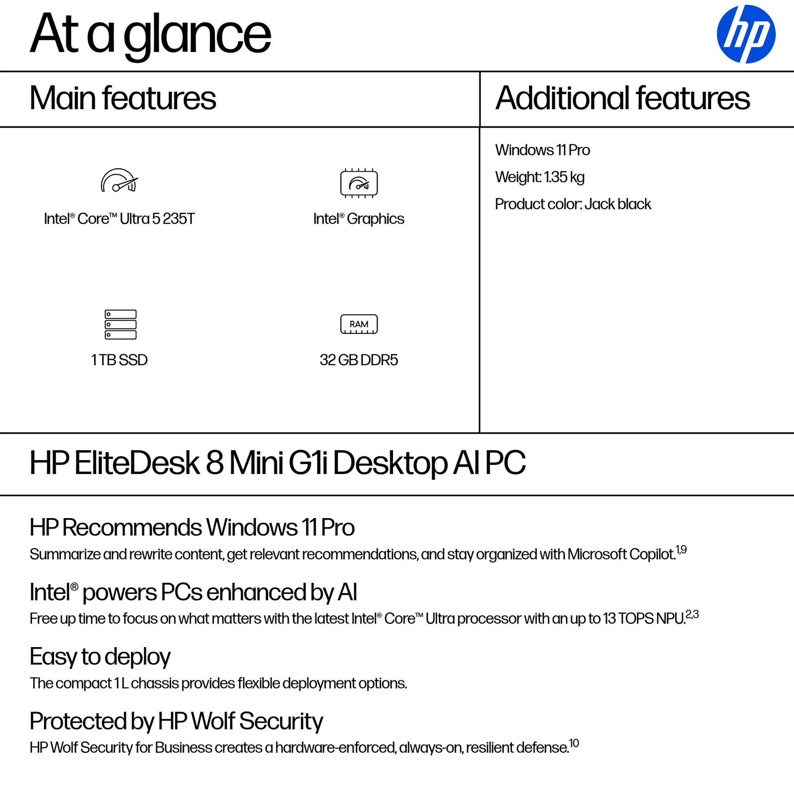 HP EliteDesk 8 Mini G1i AI, Intel Core Ultra 5 235T, 32GB RAM, 1TB SSD