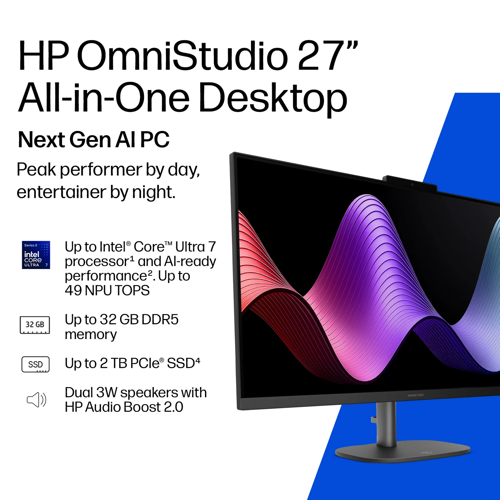 HP OmniStudio All-in-One Desktop 27-cu0008na 27", Intel Core 5 120U, 16GB RAM, 1TB SSD